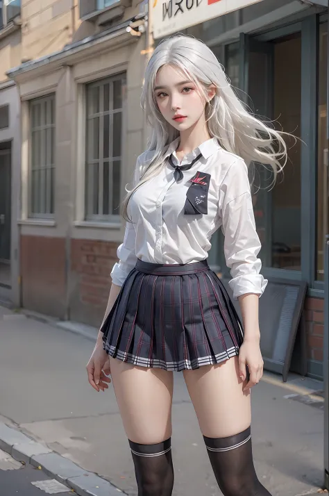 photorealistic, high resolution, 1 women, solo, hips up, look at viewer, (detailed face), white hair, long hair, school uniform,...