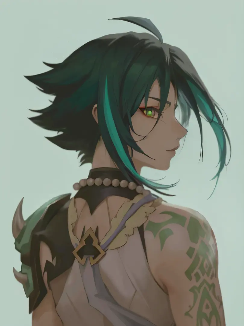 Anime - stylistic image of a woman with green hair and tattoos, handsome guy in demon killer art, Portrait Chevaliers du Zodiaqu...