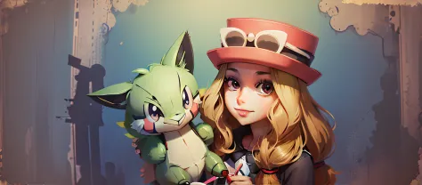 create a background with a girl in a cap, holding a stuffed pokémon(criatura) e sorrindo,