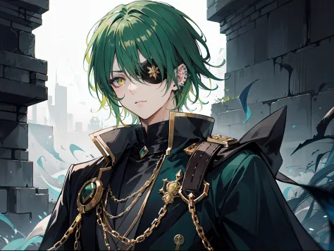 "Dark and epic atmosphere. Mature male with short and sharp green hair, piercing golden eyes, and an eyepatch. He exudes a formi...