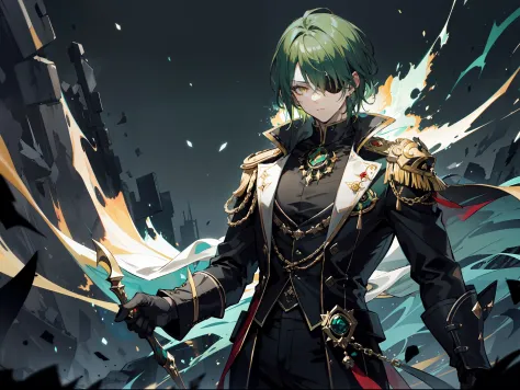 "Dark and epic atmosphere. Mature male with short and sharp green hair, sharp golden eyes, and an eyepatch. He exudes a formidable aura as the emperor."