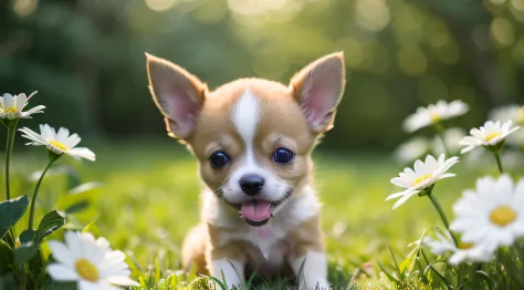 no humans、Chihuahua puppy、(((Has a small)))、lawn、flower  field、in 8K、professional photograpy、delicate、vivid、Sheer sunlight、Light leak、​masterpiece、(((lovely)))、plushies、Round pupils、The tongue is sticking out
