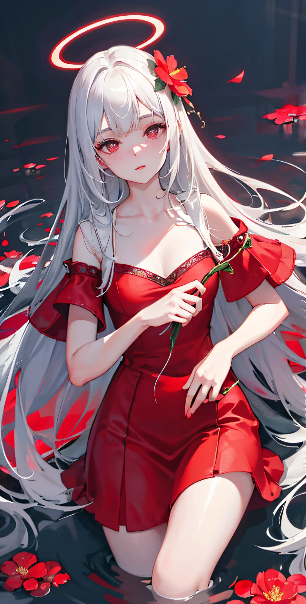 Close-up, looking at the camera, beautiful girl, garlic, flower, (beautiful girl), delicate facial features, detailed portrayal of the corners of the eyes, bust photo, moist lips, sad eyes, long white hair, smooth and delicate skin, ((red clothes)), red long skirt, bare thighs, brilliant and colorful, fantasy art, mysticism, dream scene, dream, dream light, seduction, psychedelic, misty halo, (((night))), ((night)), river bank, full of flowers on the other side, dreamy, flying red tiny petals, Red fluorescent petals, fluorescent flowers, fluorescent flowing water, standing in water, shallow water, master works, extreme detail, dissection correctly, correct limbs, accurate, hud, HD, exquisite details, 8K, red light