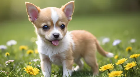no humans、Chihuahua puppy、(((Has a small)))、lawn、flower  field、in 8K、professional photograpy、delicate、vivid、Sheer sunlight、Light leak、​masterpiece、(((lovely)))、plushies、Round pupils、The tongue is sticking out