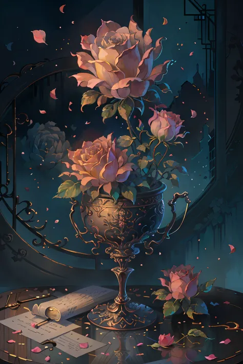 Original，（illustratio：1.1），（best qualtiy），（tmasterpiece：1.1），（the Extremely Detailed CG Unity 8K Wallpapers），（a color：1.2），Rose bushes，rose petals，scenecy，rios|Wagas，