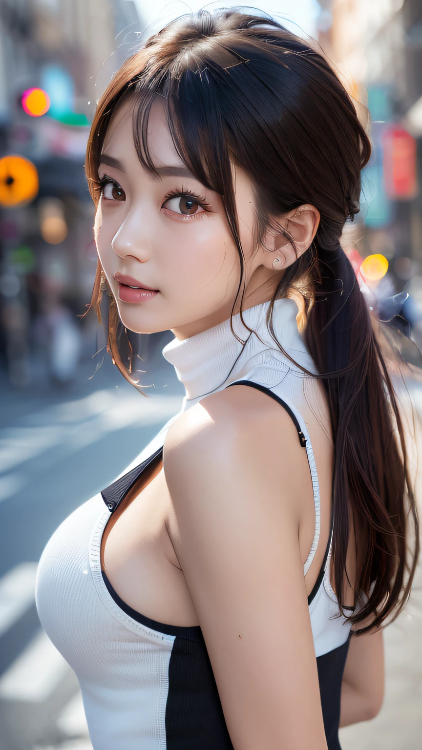(8K, 超A high resolution, Best Quality, masutepiece:1.2)、RAW portrait of japanese girl、超A high resolution、top-quality、 (Micro-breasted:1.5)、｛White shorts:1.5｝、(Wearing a black sleeveless turtleneck:1.5)、(hands to hips:1.3)、(In the street:1.2) BREAK (Natural Skin Texture、Detailed skin、Hyper-Realism、ultra sharpness)、intricate detailes、depth of fields、Sexy adult woman、Long black hair straight、((​masterpiece、top-quality、high-detail))、(Photorealsitic:1.4)、solo、closes mouth、Smile happily、big eye、Distinct double eyelids、Lashes、long neck、Absolute area、Clean collarbone、face perfect、thin lips、a small face、(gazing at viewer、Highlights in the eyes、Light brown eyes、Lip Gloss)、｛(Show the whole body from the side:1.5)｝