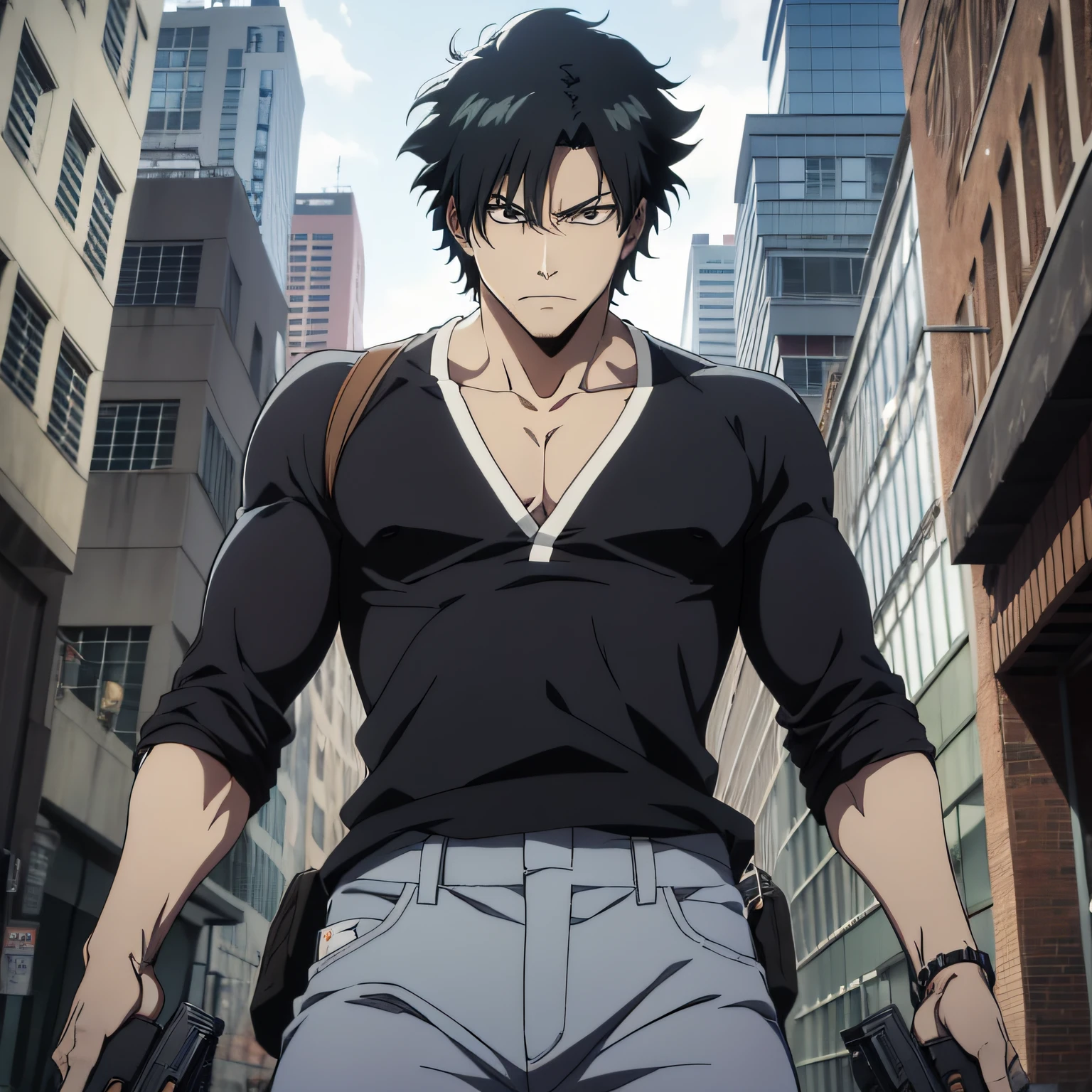 a man holding a gun near a building, tall and very muscular, short black hair, wearing tight black shirt and gray pants, with insane smile, cruel expression, male anime character, trigger anime artstyle, as an anime character, dark anime style, kentaro miura manga style, hijikata toushirou of gintama, baki style, kentaro miura manga art style, Shonen shuushuu anime image, Epic anime style, cinematic lighthing, Epic composition, face detailed, detailedeyes, extremely detaild.