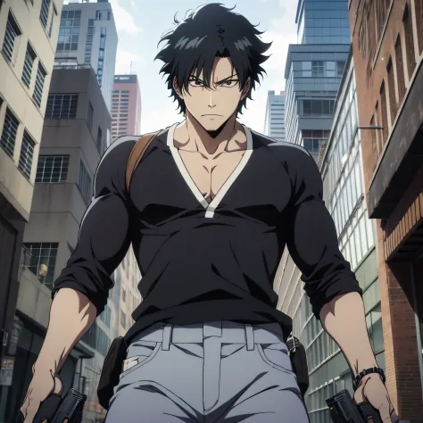 a man holding a gun near a building, alto e muito musculoso, cabelos pretos curto, wearing tight black shirt and gray pants, com...