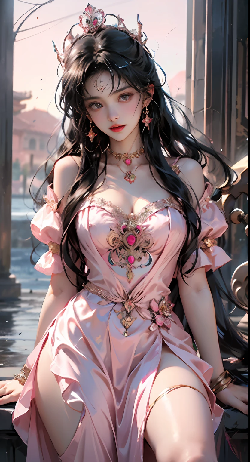 1 junge Königin，（（（Trägt ein rosa Spitzentop））），rosa Kleidung，ein Kleid im chinesischen Stil，Antike Kostüme haben oft Phönix-Motive，Makellos sauberes rosa-weißes Gesicht，mit einer Krone auf dem Kopf，Schwarzes Haar, das hüfthoch ist，Sehr schöne, scharfe braune Augen，Kleine rote Lippen，geschminkte Lippen，attraktives Lächeln，Er trägt Schmuck um den Hals，Ohr-Nippel-Ring，Die Zähne sind weiß und gleichmäßig， eine große Nase，große runde Brüste，Der Körper des Mädchens ist auf der Brust mit Wasser bedeckt，zartes Bein，dünne schwarze Netzsocken，Porträt，am realistischsten，HöchsteQualität，best pixels，8K Ultra，