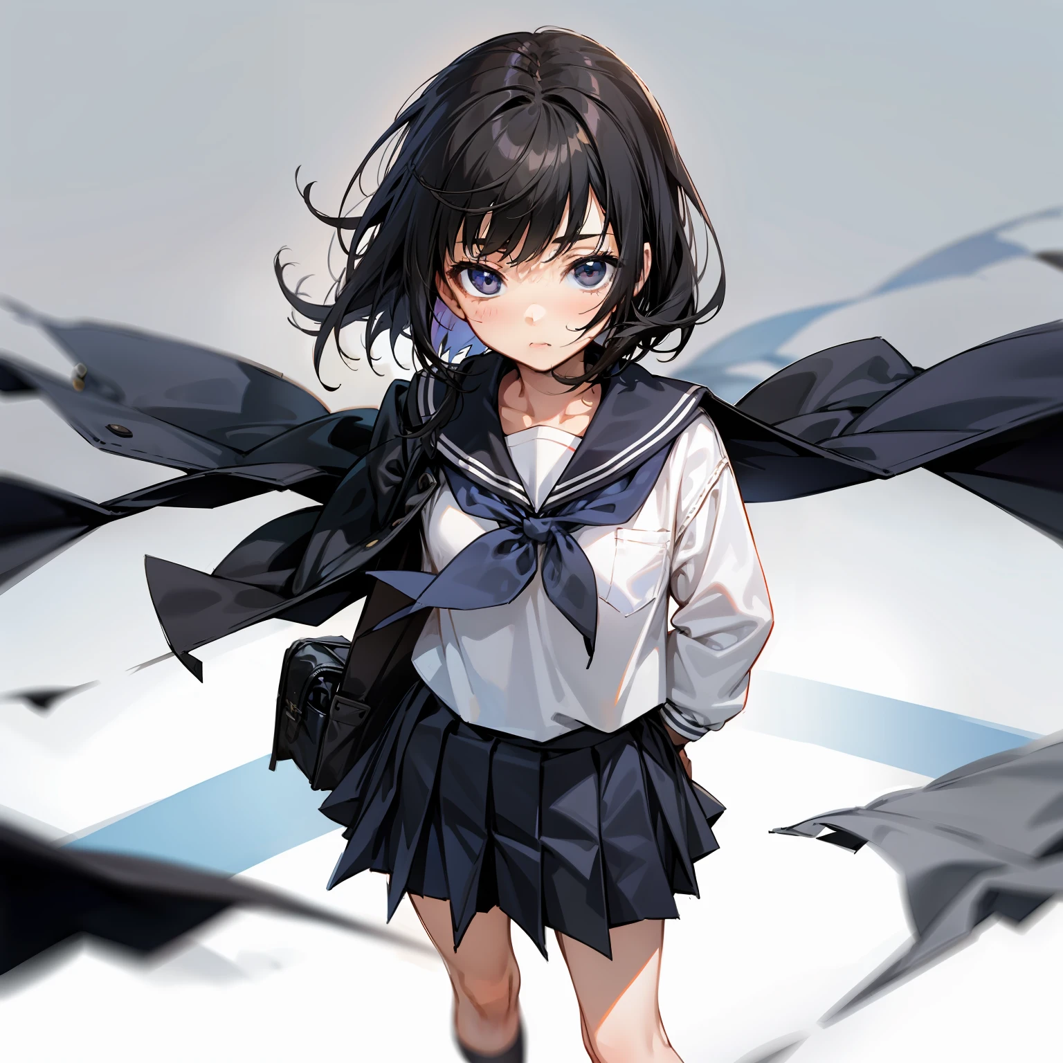 1girl,solo,school uniform,black hair,black eye,standing,cowboy shot,simplebackground,