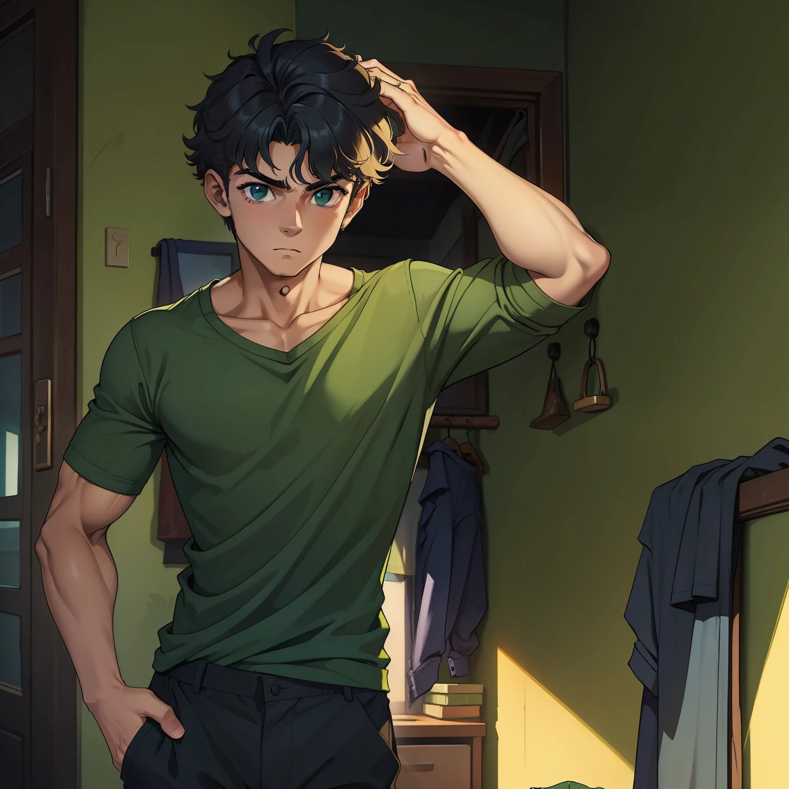 An 18-year-old boy in a green shirt. Pantalones azul oscuro. Su pelo de color negro, It is not very long and has hardly any muscles, color de piel blanca