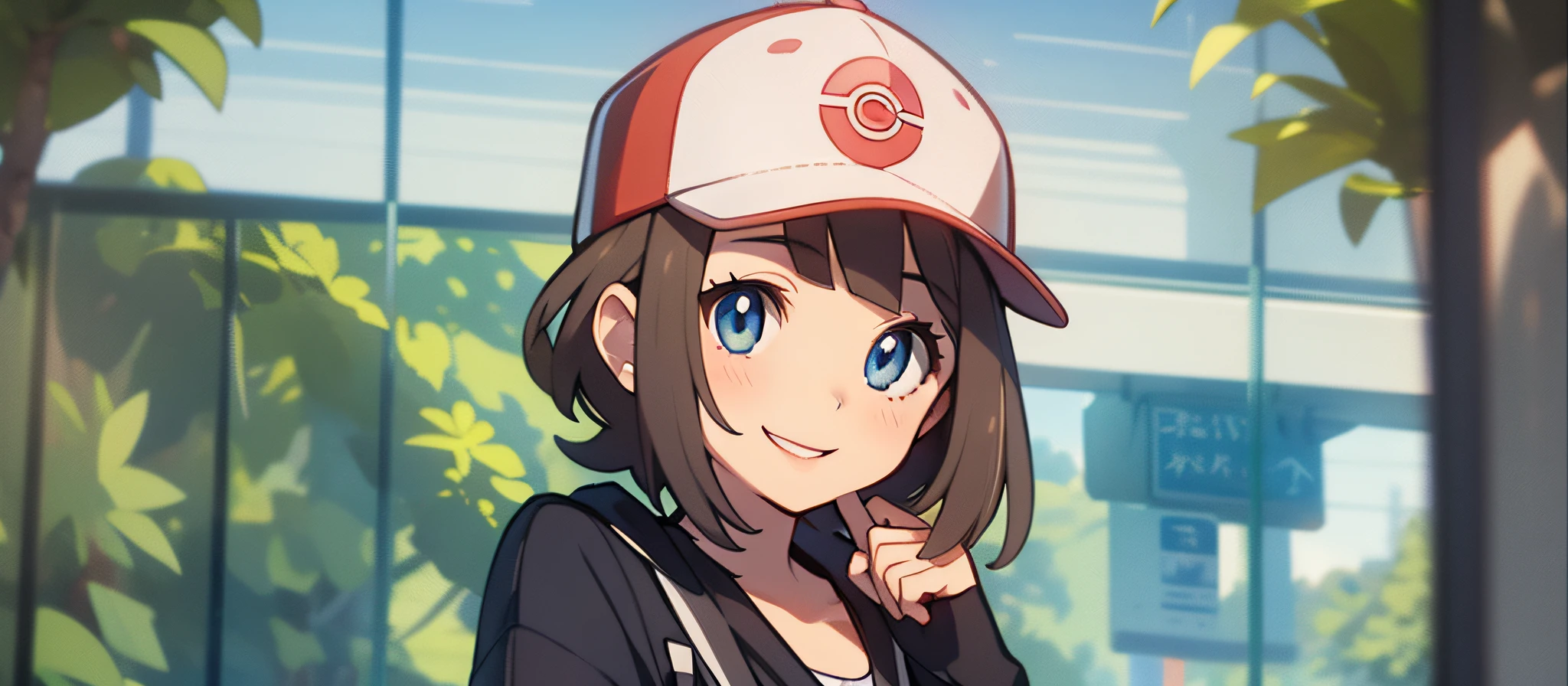Create a background with a girl in a cap, holding a keychain(pokemon creature) and smiling