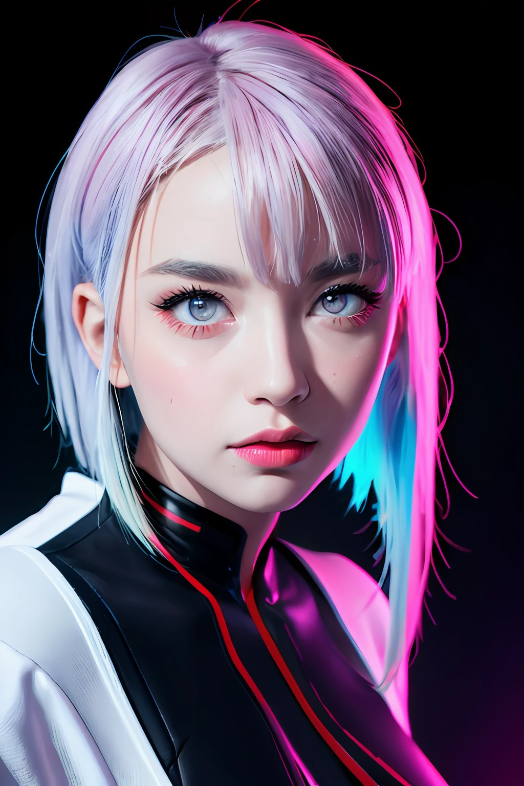 lucy \(cyberpunk\), 1girl,  hair scrunchie, hime cut, silver hair, colored tips, full moon, grey eyes, jacket, long sleeves, looking at viewer, medium hair, multicolored hair, parted bangs, parted lips, pink hair, portrait, red eyeliner, red lips, solo, white jacket, cyberpunk \(series\), rainy night in a cyberpunk city with glowing neon lights