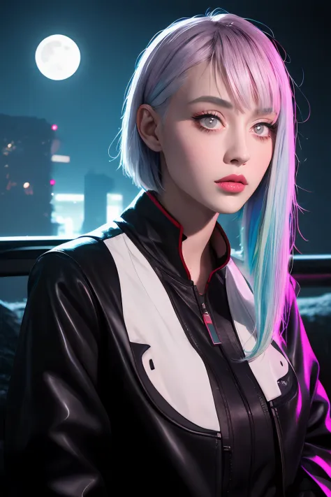 lucy \(cyberpunk\), 1girl,  hair scrunchie, hime cut, silver hair, colored tips, full moon, grey eyes, jacket, long sleeves, loo...