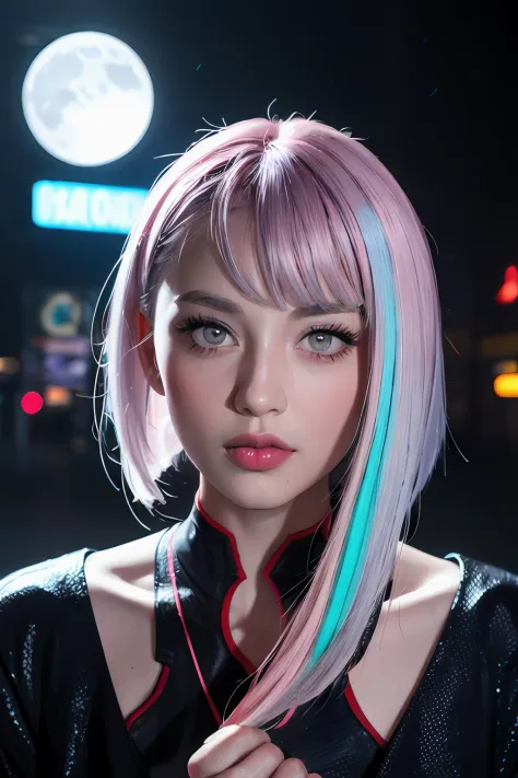 lucy \(cyberpunk\), 1girl,  hair scrunchie, hime cut, silver hair, colored tips, full moon, grey eyes, jacket, long sleeves, looking at viewer, medium hair, multicolored hair, parted bangs, parted lips, pink hair, portrait, red eyeliner, red lips, solo, wh...