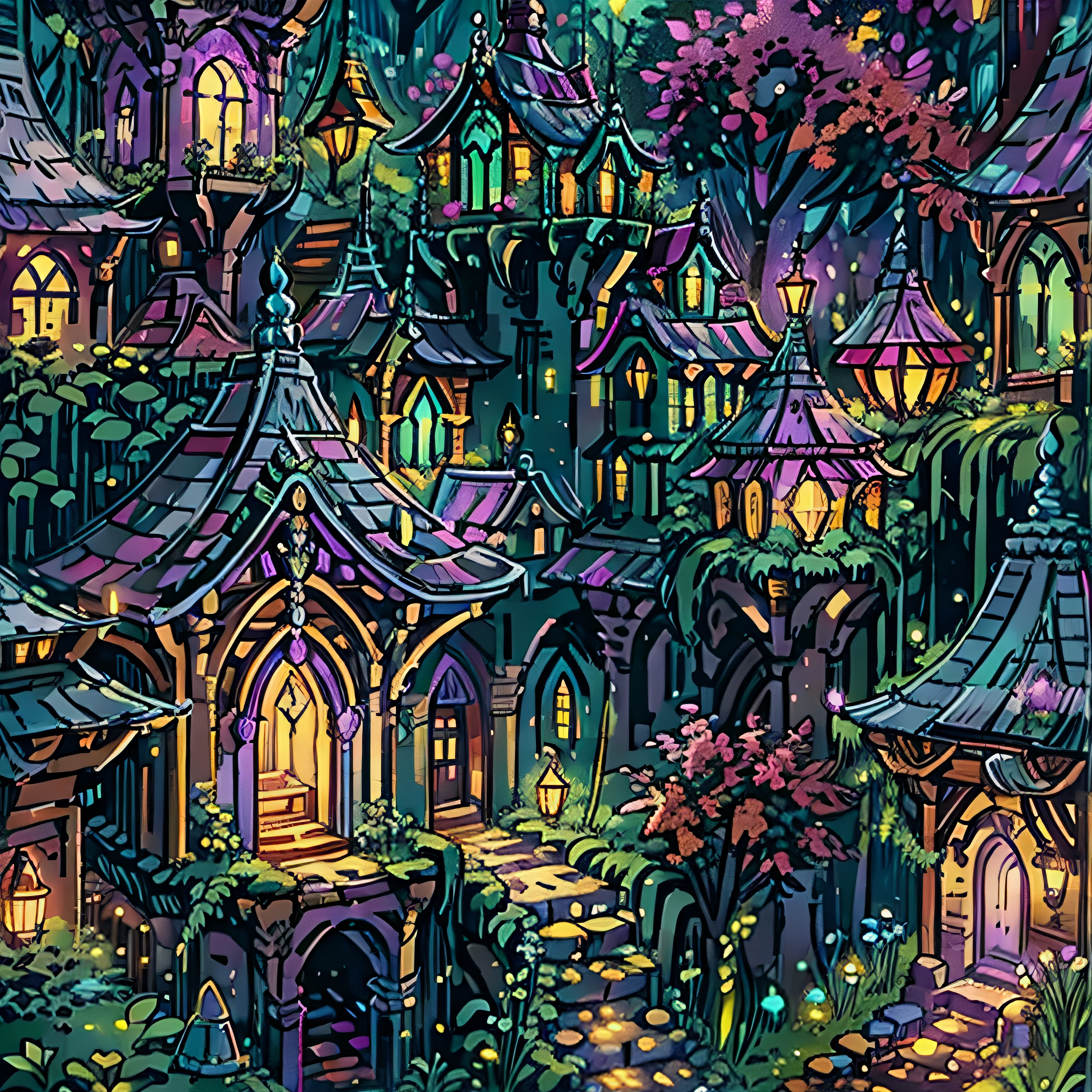 Detail of intricately designed residences in an elvish city nestled within the magical forest, illuminated by a soft, purple glow that exudes enchantment. A tranquil and peaceful place, offering a sense of serenity."