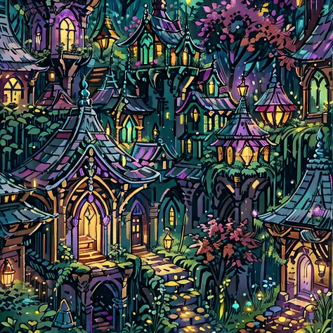 Detail of intricately designed residences in an elvish city nestled within the magical forest, illuminated by a soft, purple glo...