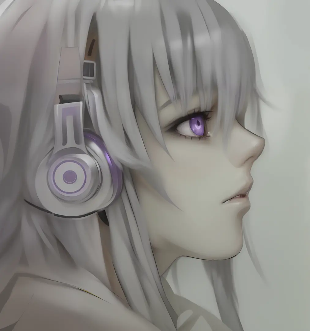 A girl with gray hair, wearing headphones, beautiful shiny purple eyes