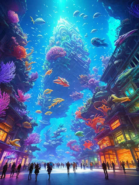 Epic fantasy concept, Modern transparent building at night，It is a huge aquarium containing marine life, Nice colorful light decoration, Wide shot, 8k 辛烷值渲染, Photorealistic, Cinematic lighting, detailed building, Detailed fish