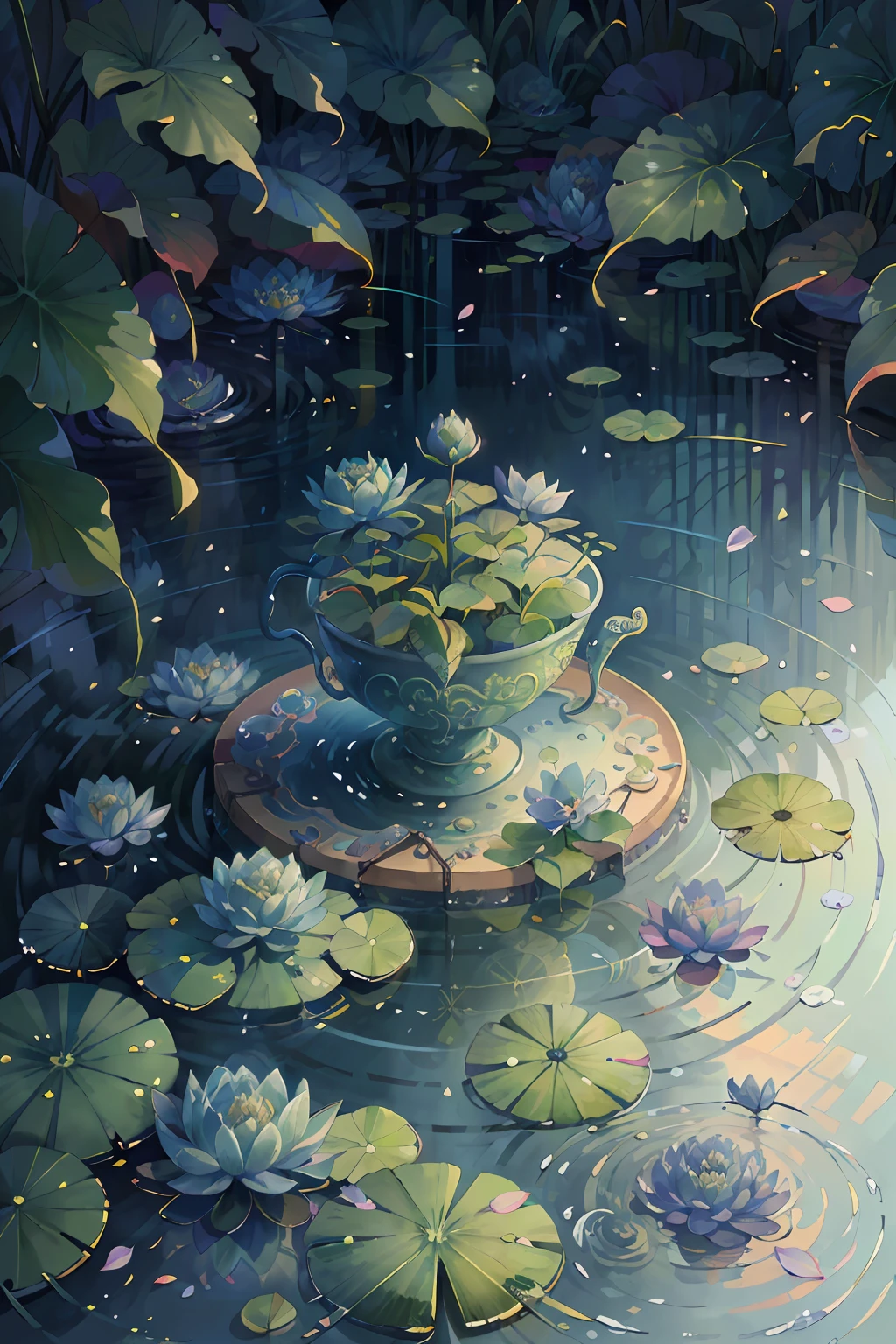 Original，（illustratio：1.1），（best qualtiy），（tmasterpiece：1.1），（the Extremely Detailed CG Unity 8K Wallpapers），（a color：1.2），water lilies，Water lily petals，scenecy，rios|Wagas，