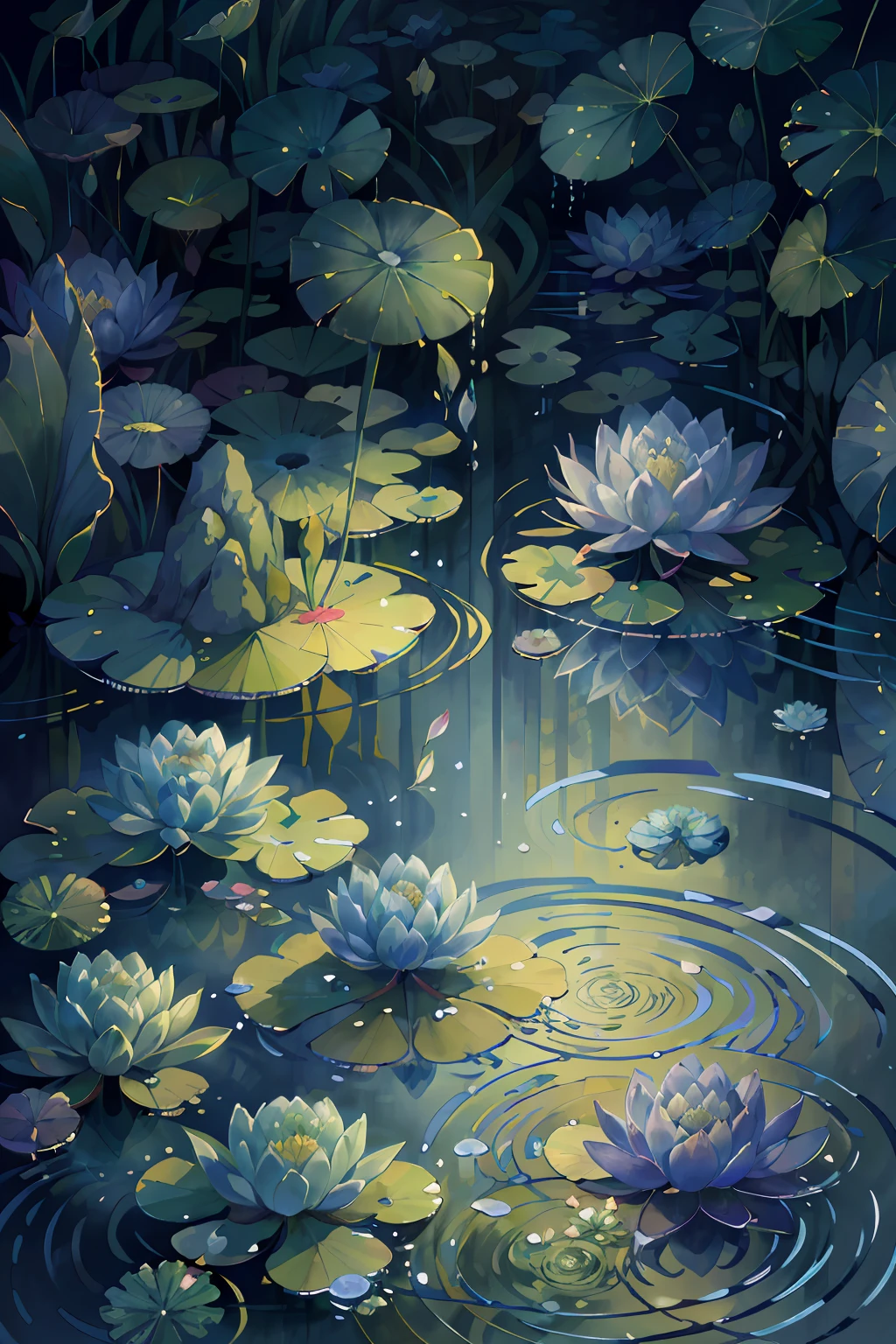 Original，（illustratio：1.1），（best qualtiy），（tmasterpiece：1.1），（the Extremely Detailed CG Unity 8K Wallpapers），（a color：1.2），water lilies，Water lily petals，scenecy，rios|Wagas，