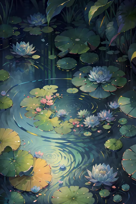 Original，（illustratio：1.1），（best qualtiy），（tmasterpiece：1.1），（the Extremely Detailed CG Unity 8K Wallpapers），（a color：1.2），water lilies，Water lily petals，scenecy，rios|Wagas，
