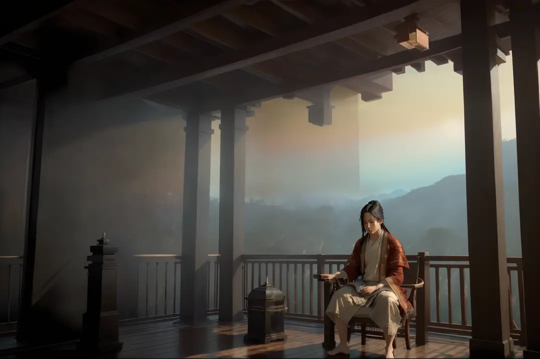 a monk is meditating, wearing a white robe in the temple, the temple is in the forest, raw photo, surreal photo, unreal engine 4...