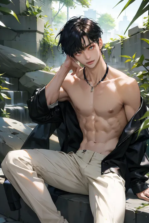 One korean man, slim body , pale asian skin, good eyes, detailed body, detailed face, Wearing underwear Not pants , outside with good lighting, sit and sexy pose, good Expression , sexy but cute, no weird pose, no beard, No clothes only wearing underwear, ...