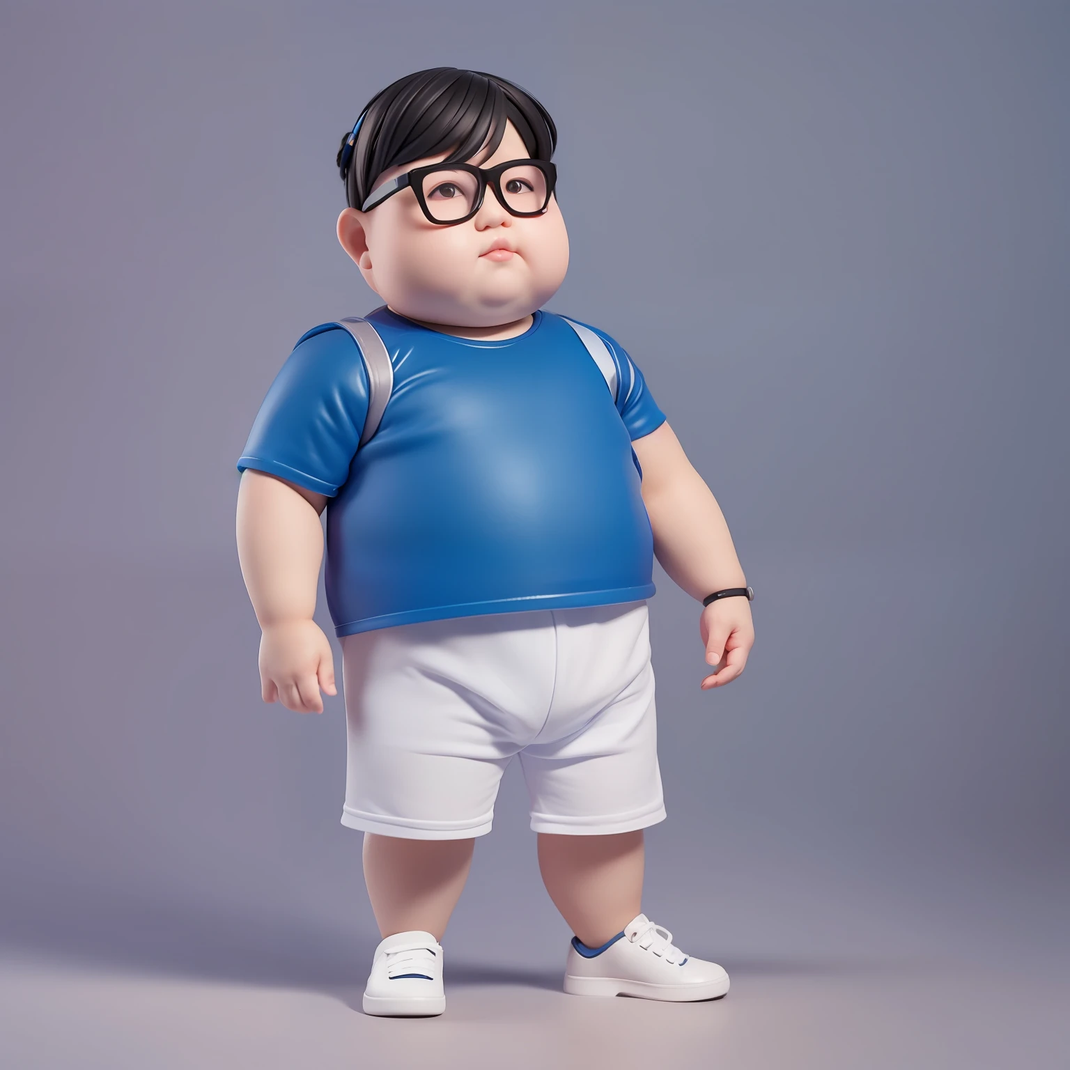 A close up of a small child wearing a blue shirt and white shorts - SeaArt  AI