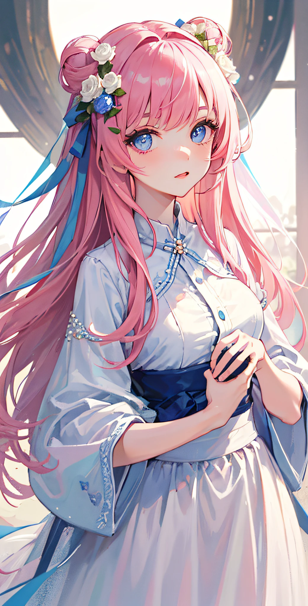 ((Masterpiece)), high quality, super detailed, pink hair + white clothing: 1.2, sweet and delicate girl, delicate facial features, perfect figure, surrounded by roses, bright bright colors, pearl white background, romantic long hair, natural light, warm and sweet, blue eyes, flower hair decoration.