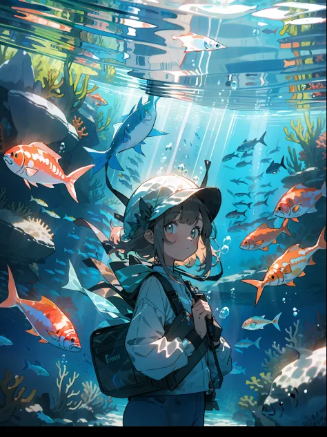 1girl, solo, fish, underwater,looking at viewer, bubble, bangs, coral, , sunlight, air bubble, ribbon