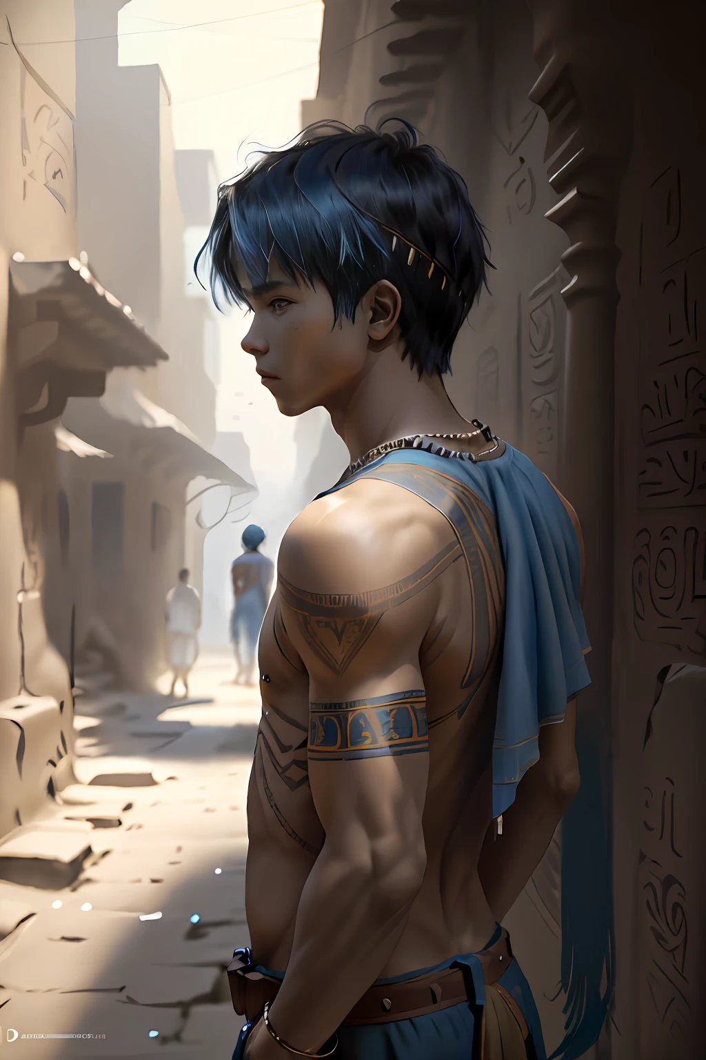 有14岁的蓝头发, 这位 14 岁的男孩，头发直直，后背裸露，胸部裸露，但穿着典型的古埃及服装，皮肤黝黑，在城市的不同街道上迷路行走，正值中午. 从山顶上两个不同的角度看这座城市.