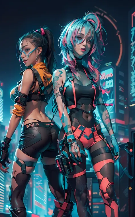 masterpiece, best quality, 2 ((smiling)) cyberpunk girls standing together, Harajuku-inspired cyberpunk body harness, bold color...