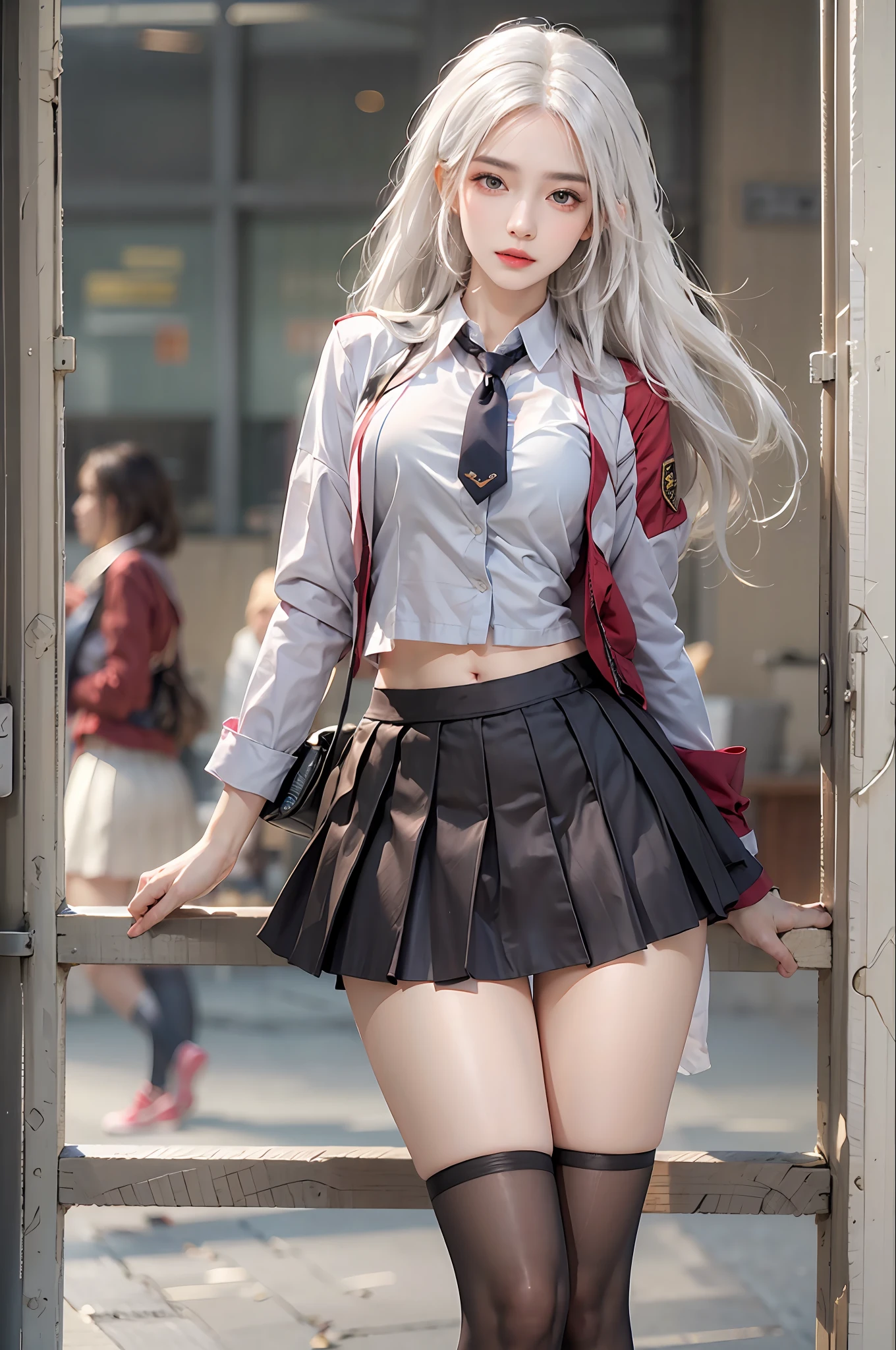 photorealistic, high resolution, 1 women, solo, hips up, look at viewer, (detailed face), white hair, long hair, , skirt