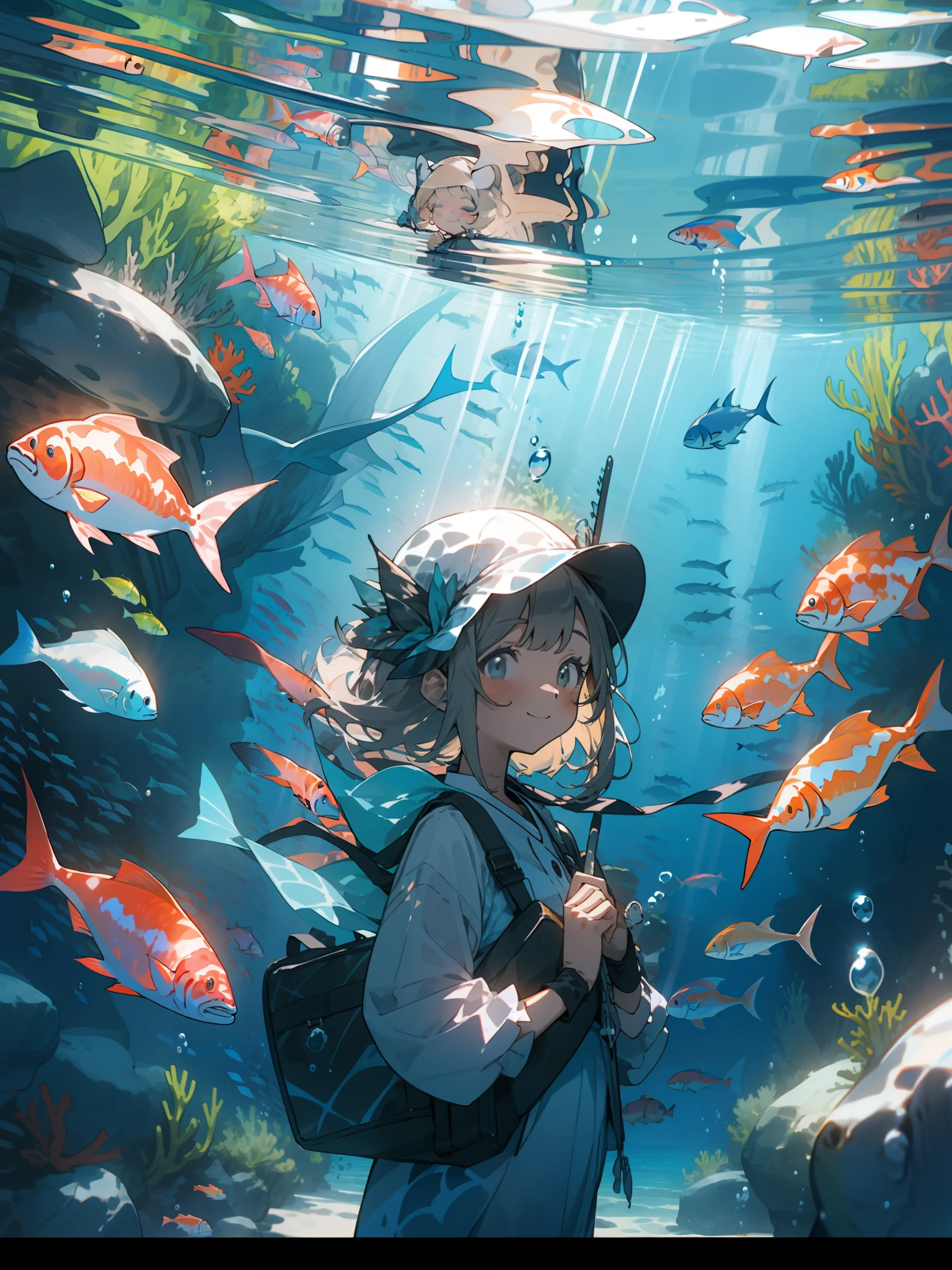 1 smiling girl in a dress， 独奏， The fish， under the water， looking at viewert， Buble， By bangs， The corals， ， rays of sunshine， airbubble， ribbons