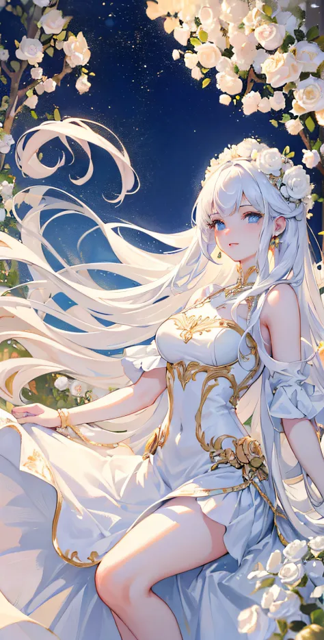 ((tmasterpiece)),high high quality,ultra - detailed,white color hair+golden outfit，delicate leg，Beautiful dress:1.2,Sweet and de...