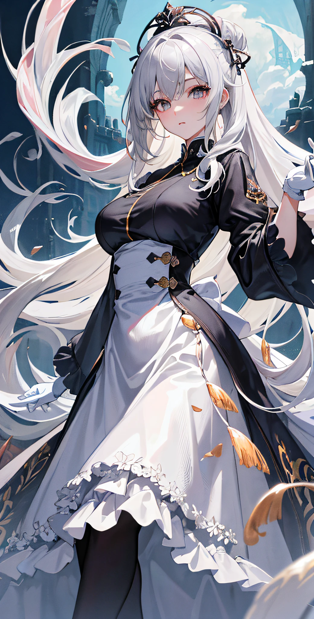 （absurderes，A high resolution，ultra - detailed），1girll，独奏，mature，（Long gray hair，White gloves），Rabid，longer sleeves，ellegance，holy，rich colourful，highest details，under the water，Floating hair，florals，Turn Back，The upper part of the body