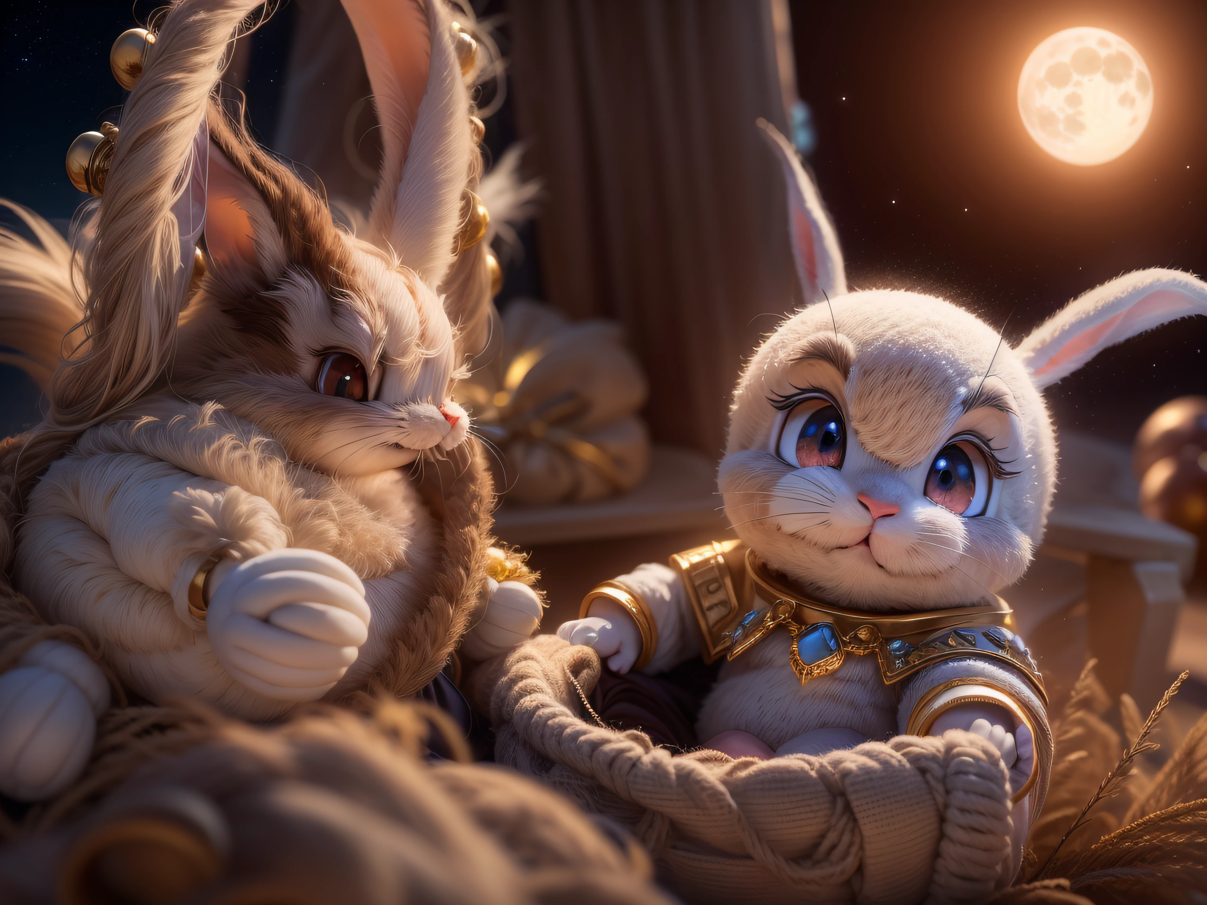 Close a powerful threat, The graceful appearance of Bugs Bunny in the form of a baby dressed in beige uniform in a manger, menacing stare, ricamente detalhado, Hiper realista, 3D-rendering, obra-prima, NVIDIA, RTX, ray-traced, Bokeh, Night sky with a huge and beautiful full moon, estrelas brilhando, 8k,