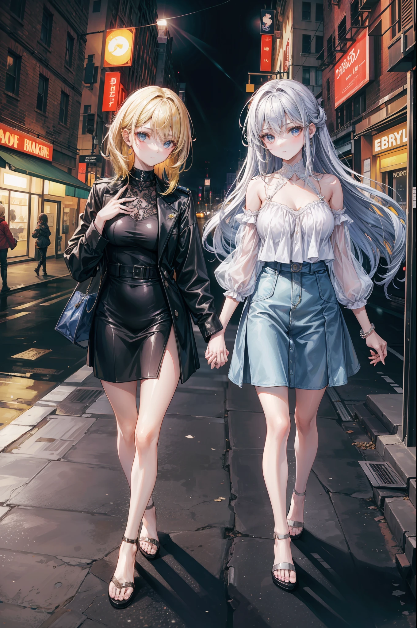 A medium shot of a beautiful young woman and her even more stunning sister. The two are together holding hands strolling down a New York street on a Saturday night on their way to the party areas.