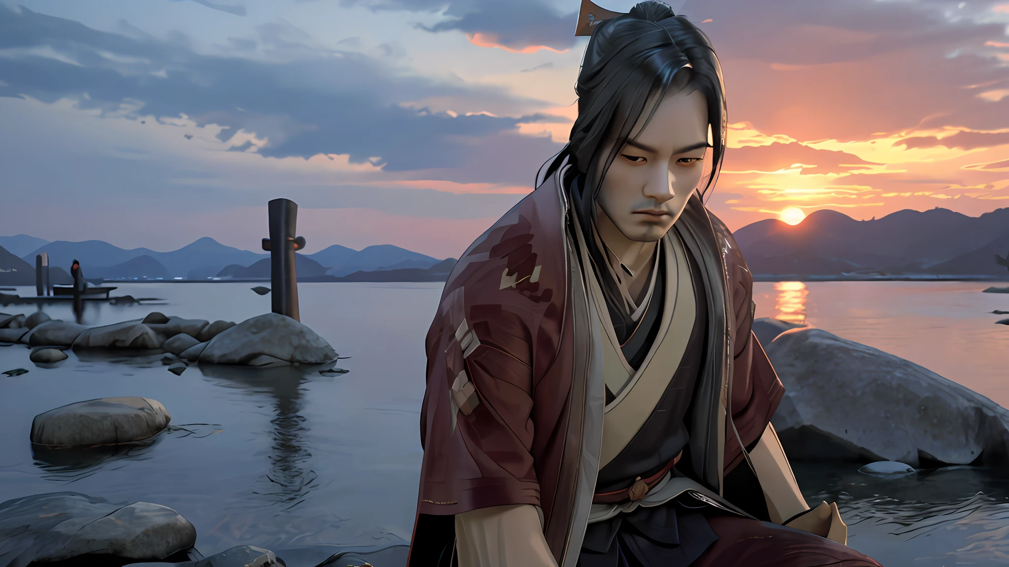 Beautiful Samurai, Meditating sitting, on the edge of a river full of stones, at sunset, ultra realistic photo, perfect face details, good skin texture, perfect shadows and light, award winning photo