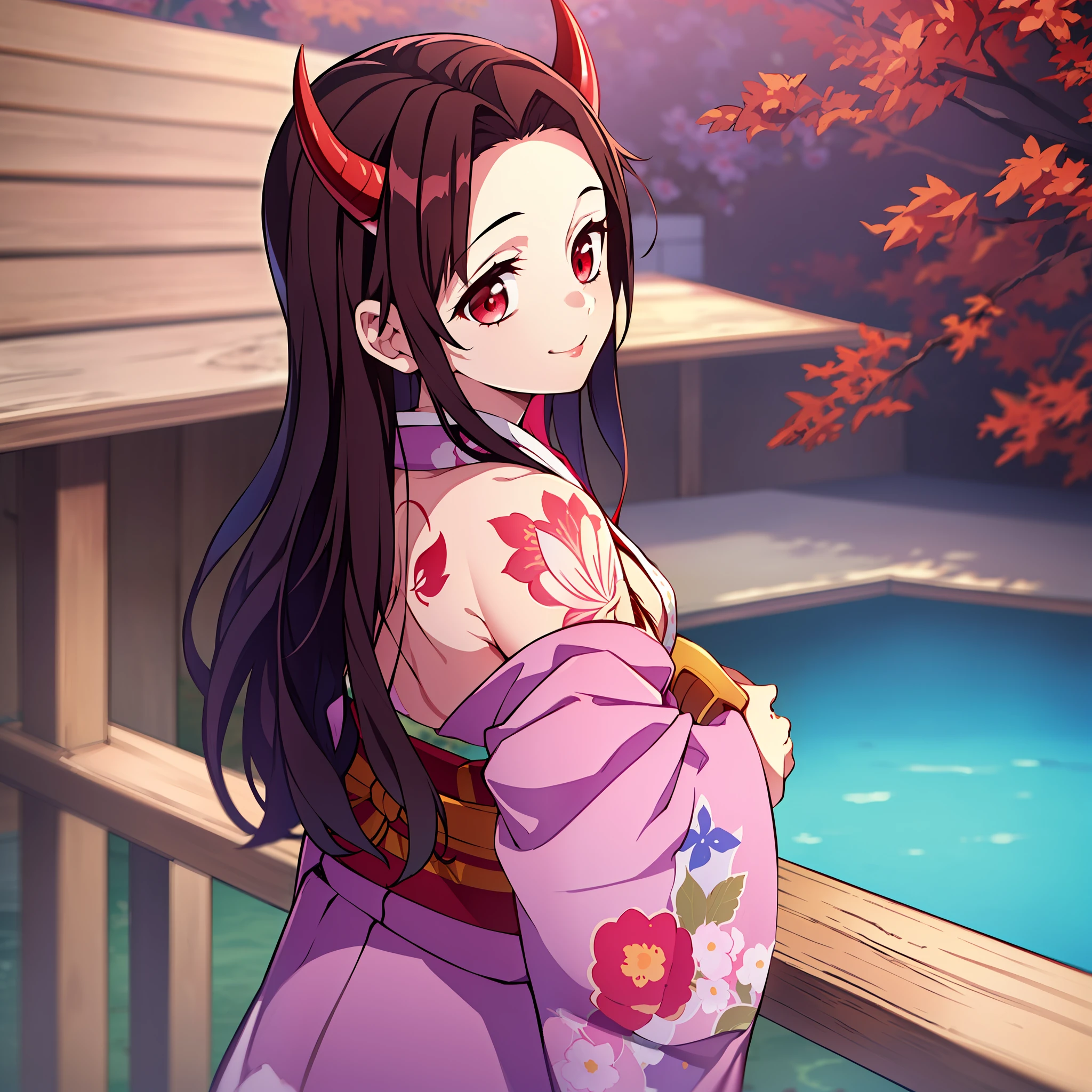 (masterpiece, best quality:1.2), kimetsu no yaiba style, kamado nezuko, (1 girl, solo), 20 years old, upper body, (pink kimono, open chest, floral tattoo on neck and chest), (red demon horns, red eyes), happy smile, look back, standing on the wooden balcony, natural lake background