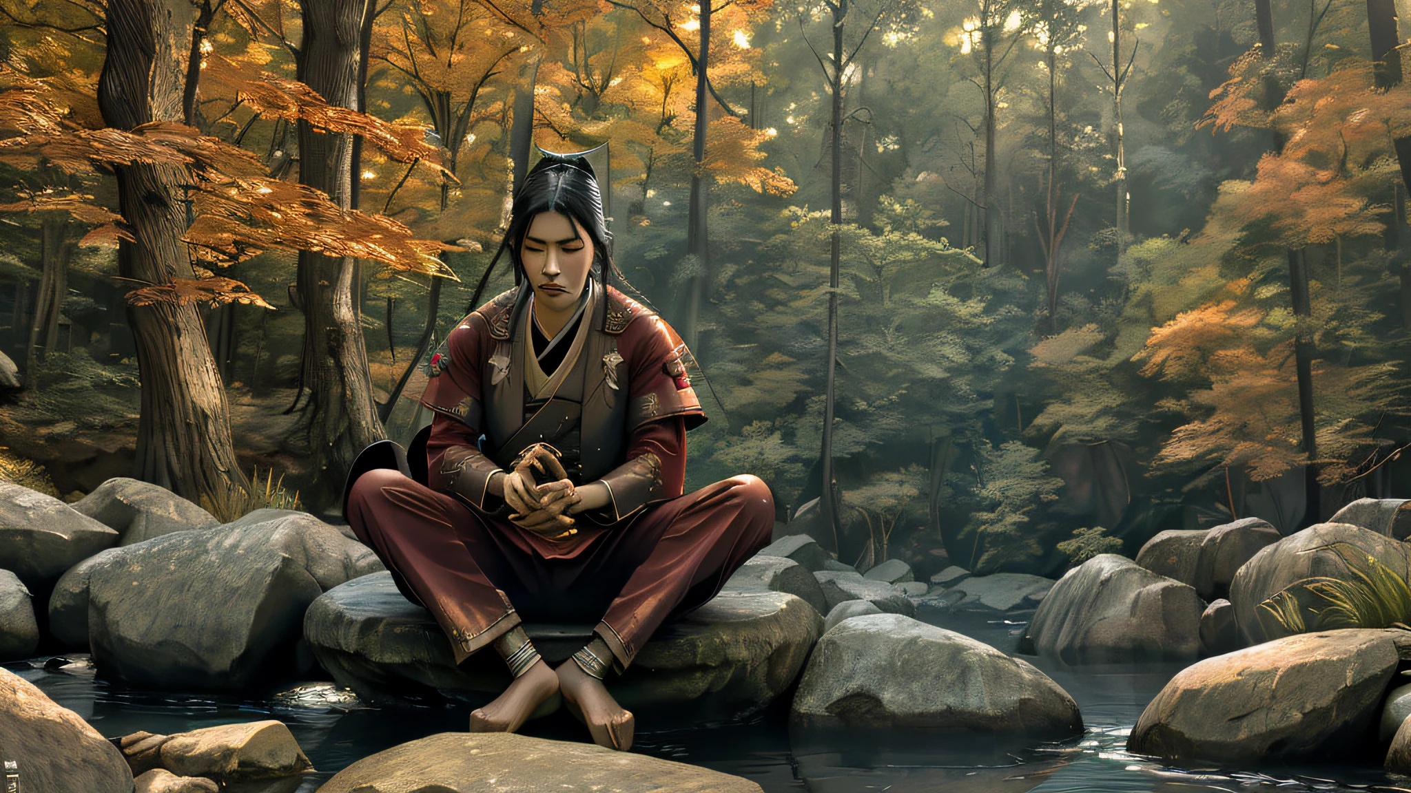 Beautiful Samurai, Meditating sitting, on the edge of a river full of stones, at sunset, ultra realistic photo, perfect face details, good skin texture, perfect shadows and light, award winning photo