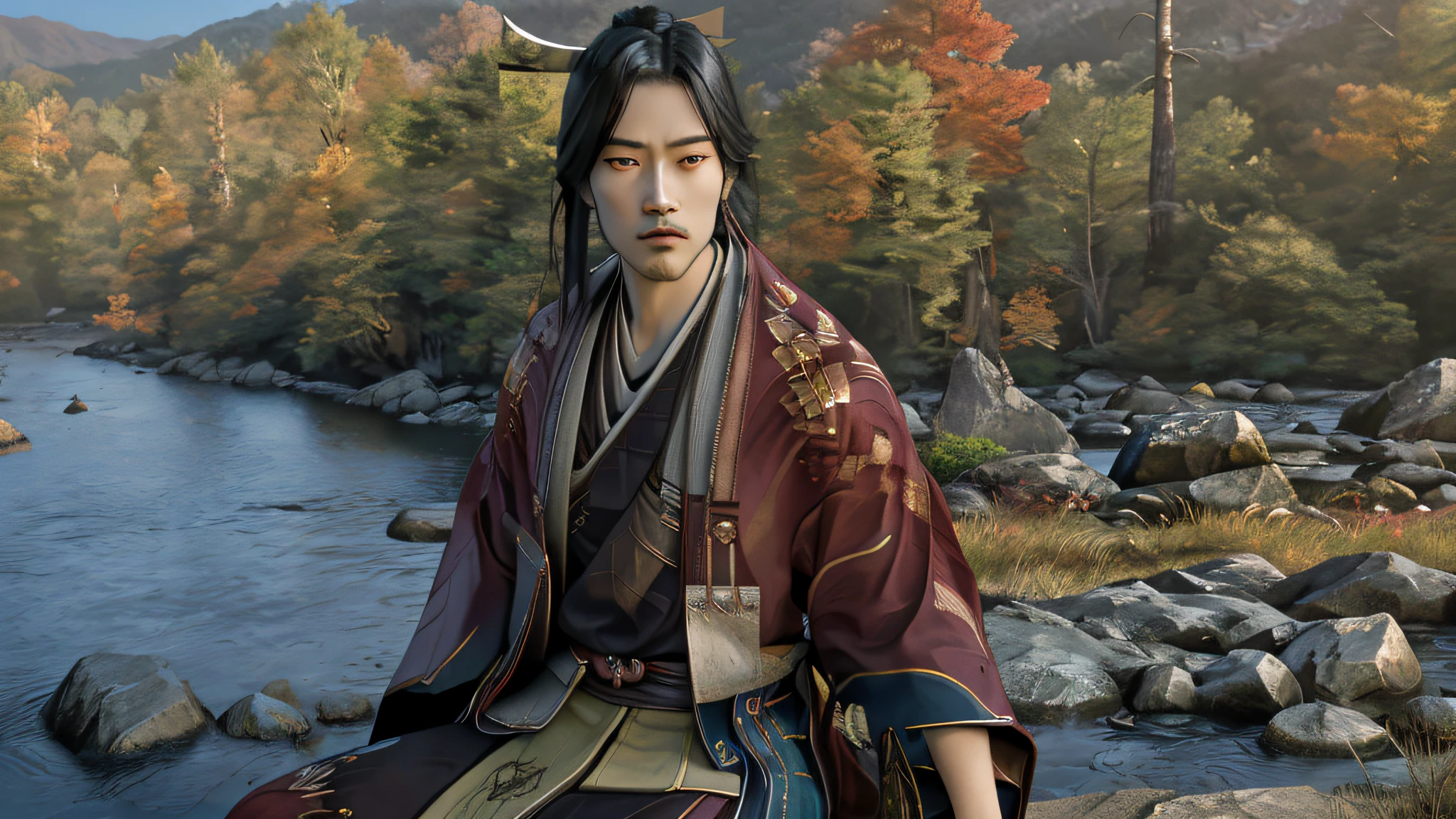 Beautiful Samurai, Meditating sitting, on the edge of a river full of stones, at sunset, ultra realistic photo, perfect face details, good skin texture, perfect shadows and light, award winning photo