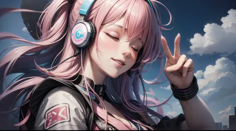 Woman with peace sense headset, closed eyes, beautiful face, RGB colors, anime pink hair, banner for youtube video, happy girl, clouds with RGB colors., bright RGB colors.