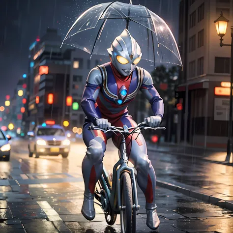 1BOY riding bikes suburban street storm and rain, (masterpiece:1.2) (photorealistic:1.2) (bokeh) (best quality) (detailed skin:1...