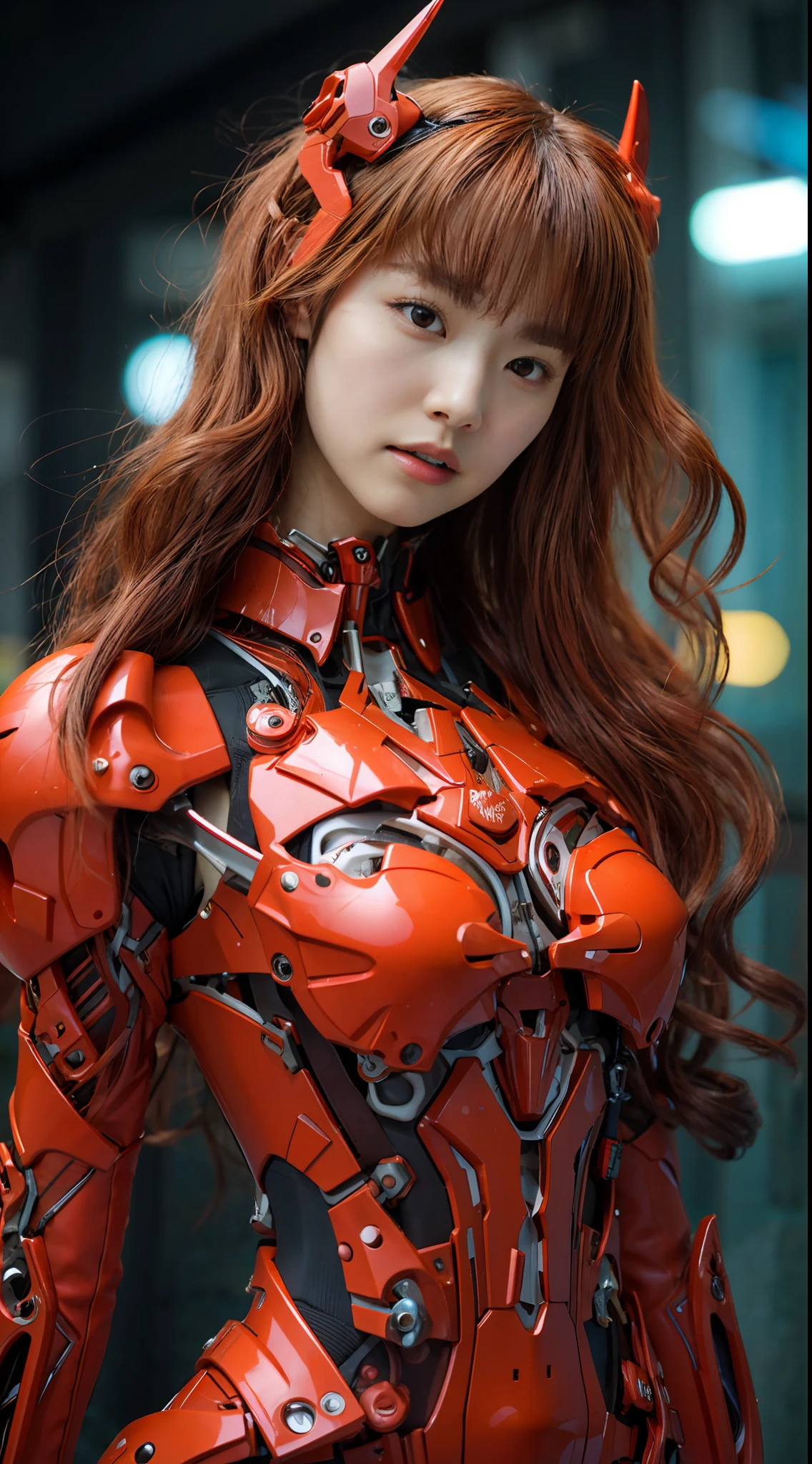 Une belle actrice japonaise,portant un manteau en latex rouge et orange de style EVA 03,Jeu de rôle Asuka Langley Soryu,cosplay complet du corps,Visage délicat, incroyablement belle, Posture de combat,Peau très détaillée, détail de peau réaliste, Pores visibles,La photo est prise avec un Nikon D850 et un Nikon AF-S NIKKOR 70-200mm f/2.Objectif 8E FL ED VR, en utilisant les paramètres de f/8.0 ouverture, 1/Vitesse d&#39;obturation de 200 secondes, et ISO 400, Appareil photo reflex numérique, Haute qualité, peau claire, photoréalisme