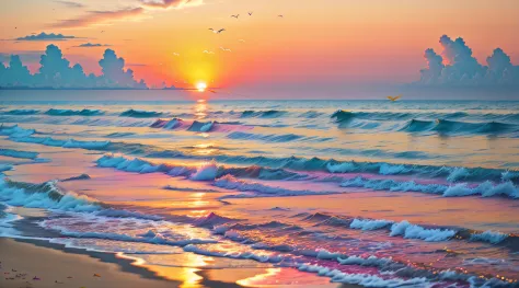 pink there、yellow、an orange、mingles to fill the sky、The sunset over the beach is truly mesmerizing。The crystal clear sea gently kisses the shore、White sand beaches stretch everywhere。Seagulls soar high into the sky、It is a dynamic and breathtaking scene wi...