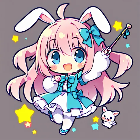 Chibi、1girl in, Animal ears, Aurora colored hair, Long hair, Hareful, Open mouth, Smile, Rabbit ears, Bow, Solo, simple white ba...