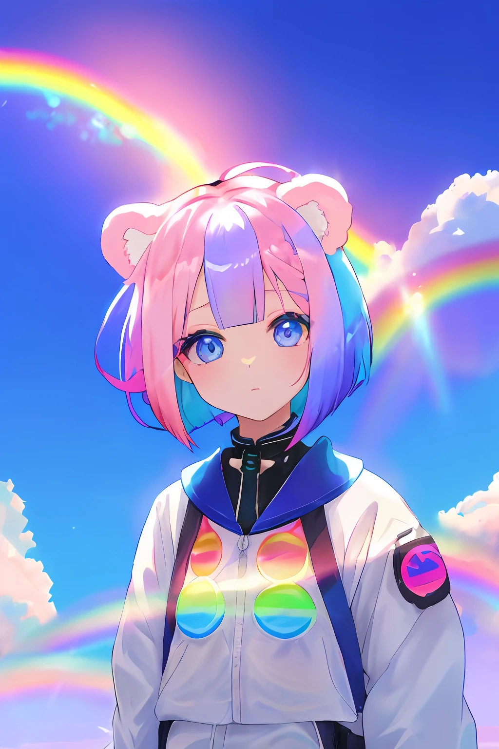 1 girl, solo, Pink hair, animal ear, blue eyess, wingspan, The viewer watching, (((Iridescence and rainbow hair))),bangss, short-hair, Hair Ribbon, Bear ears, bob cuts, mini wings, portlate, Removable wings, make - up,