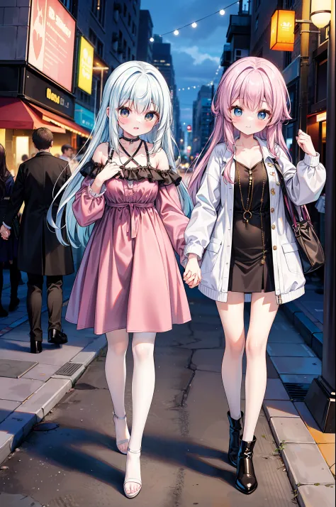 A medium shot of a beautiful young woman and her sister even more impressive. The two are together holding hands strolling down ...